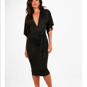 Slinky Kimono Sleeve Tie Waist Midi Dress